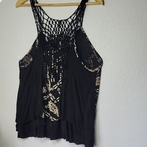 Free People Crochet Boho Flowy Asymmetrical Cut Out Tank Top Size L